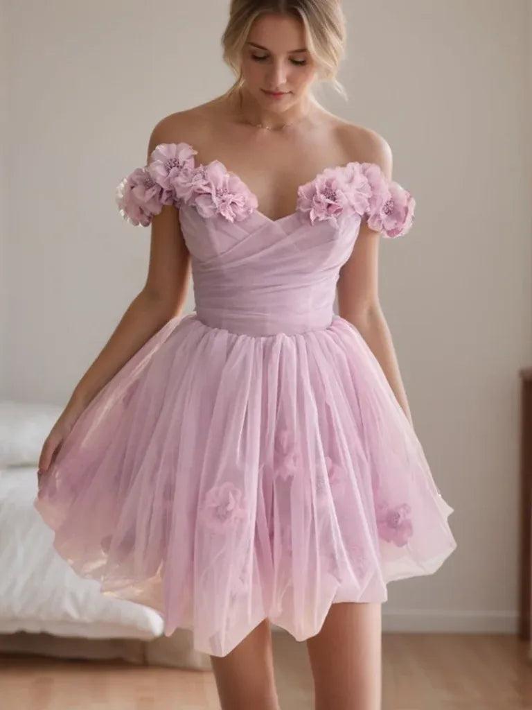 Romantic A-Line Off-Shoulder 3D Flower Tulle Pink Short Homecoming Dress