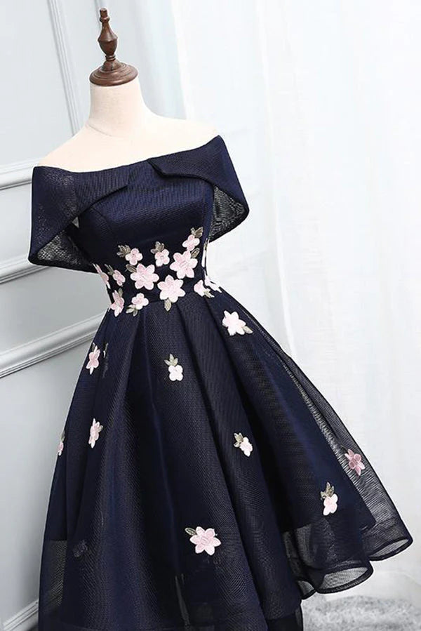 Romantic A-Line Off-the-Shoulder Floral Navy Hi-Low Homecoming Dress