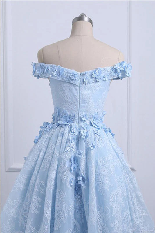Romantic A-Line Off-the-Shoulder Floral Sky Blue Hi-Low Party Dress
