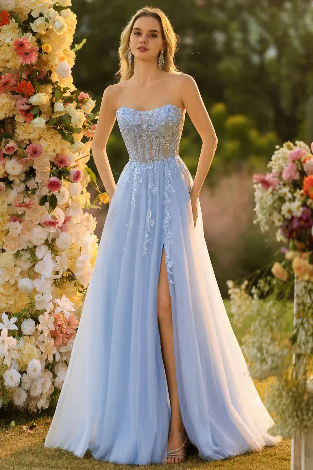 Romantic A-Line Strapless Removable Sleeves Corset Appliqued Tulle Sky Blue Prom Dress