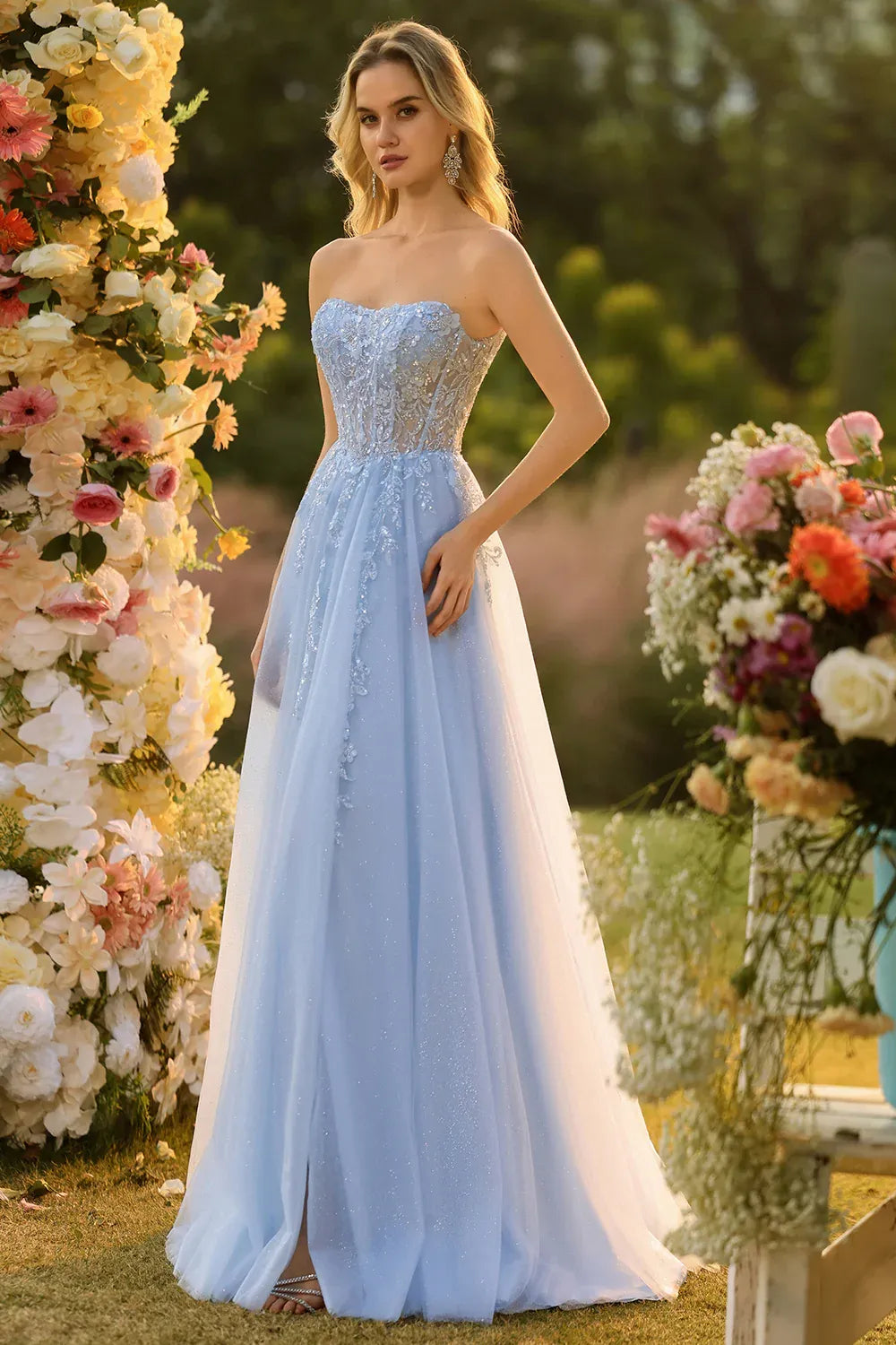 Romantic A-Line Strapless Removable Sleeves Corset Appliqued Tulle Sky Blue Prom Dress