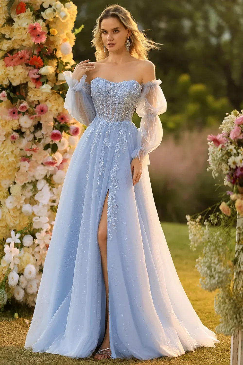 Romantic A-Line Strapless Removable Sleeves Corset Appliqued Tulle Sky Blue Prom Dress
