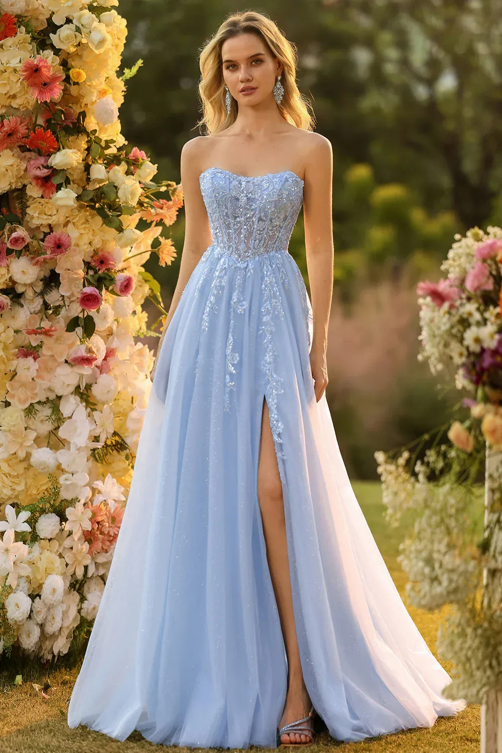 Romantic A-Line Strapless Removable Sleeves Corset Appliqued Tulle Sky Blue Prom Dress