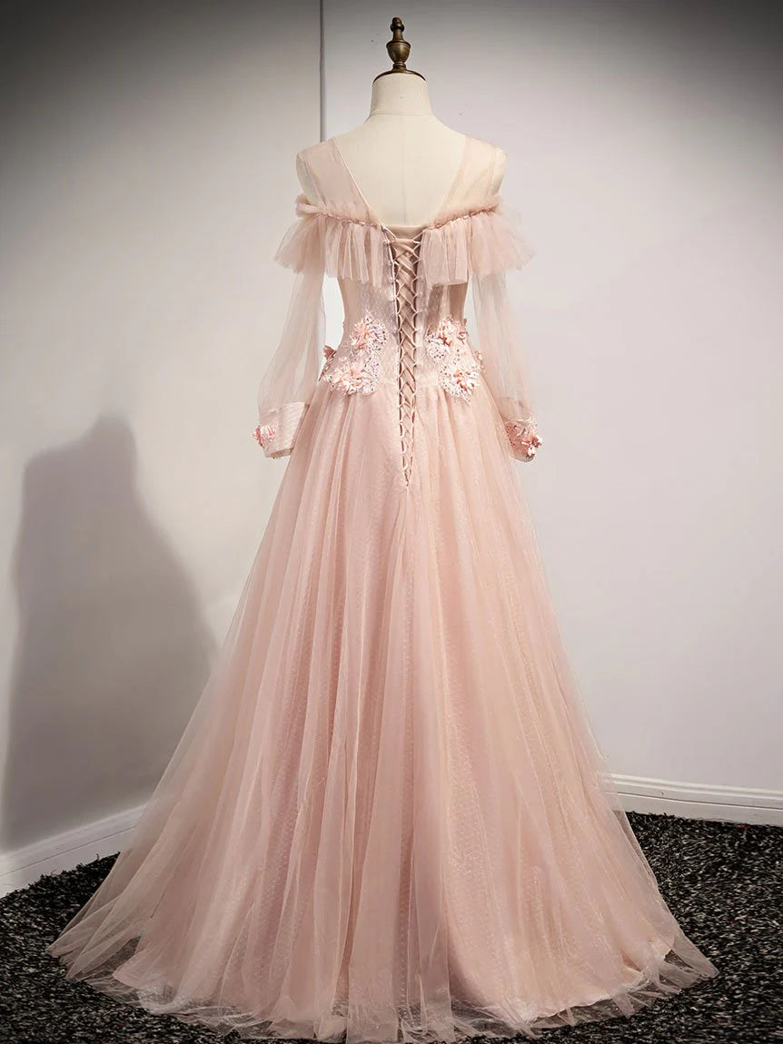 Romantic A-Line Off-the-Shoulder Long Sleeve Embroidered Blush Evening Dress