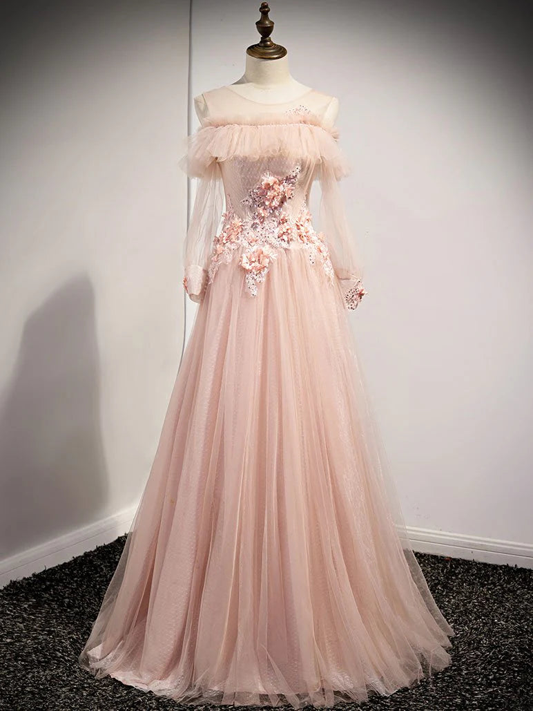 Romantic A-Line Off-the-Shoulder Long Sleeve Embroidered Blush Evening Dress