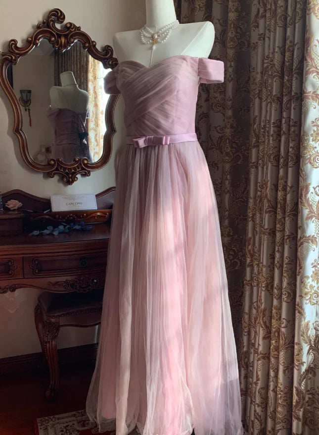Romantic A-Line Off-the-Shoulder Tulle Pink Tulle Long Party Dresses