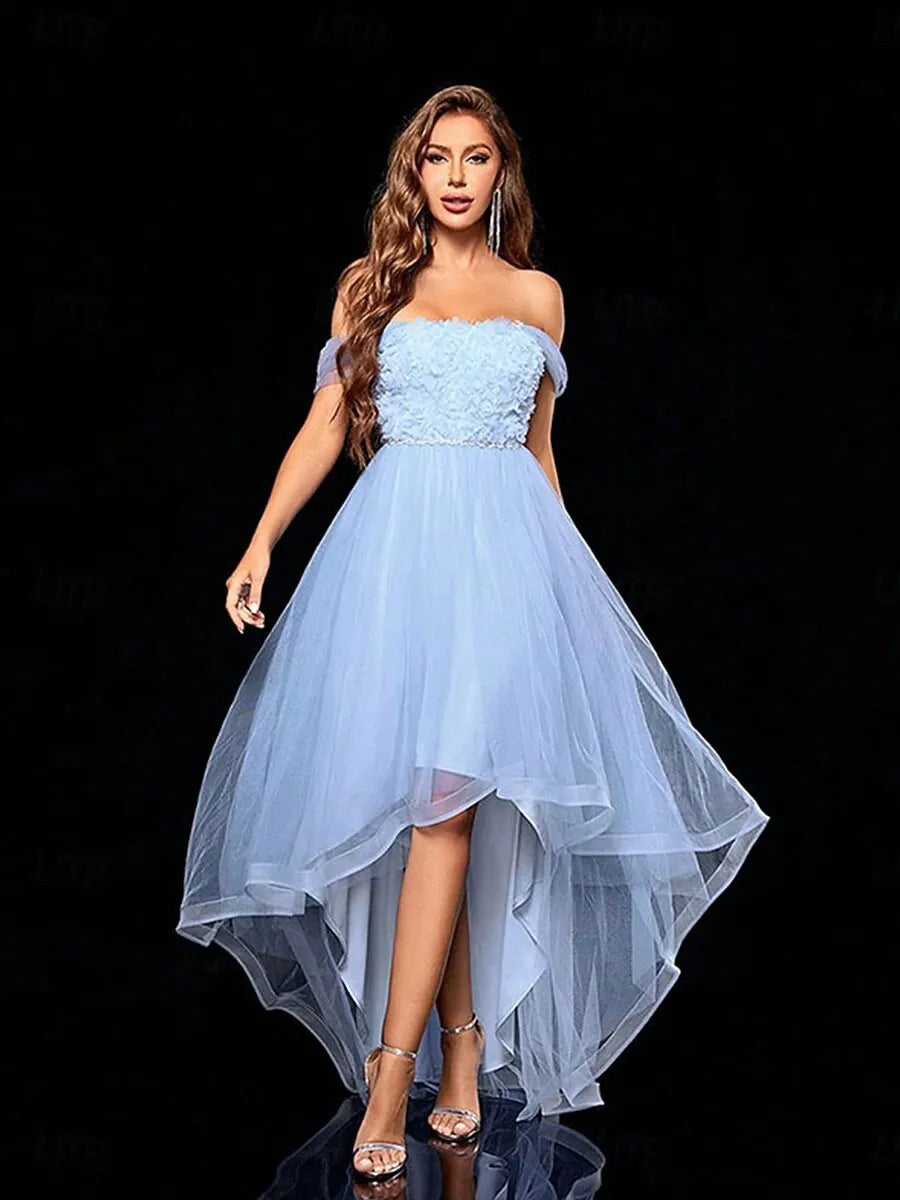 Romantic A-Line Off Shoulder Floral Beaded Sky Blue High Low Prom Dress For Sale