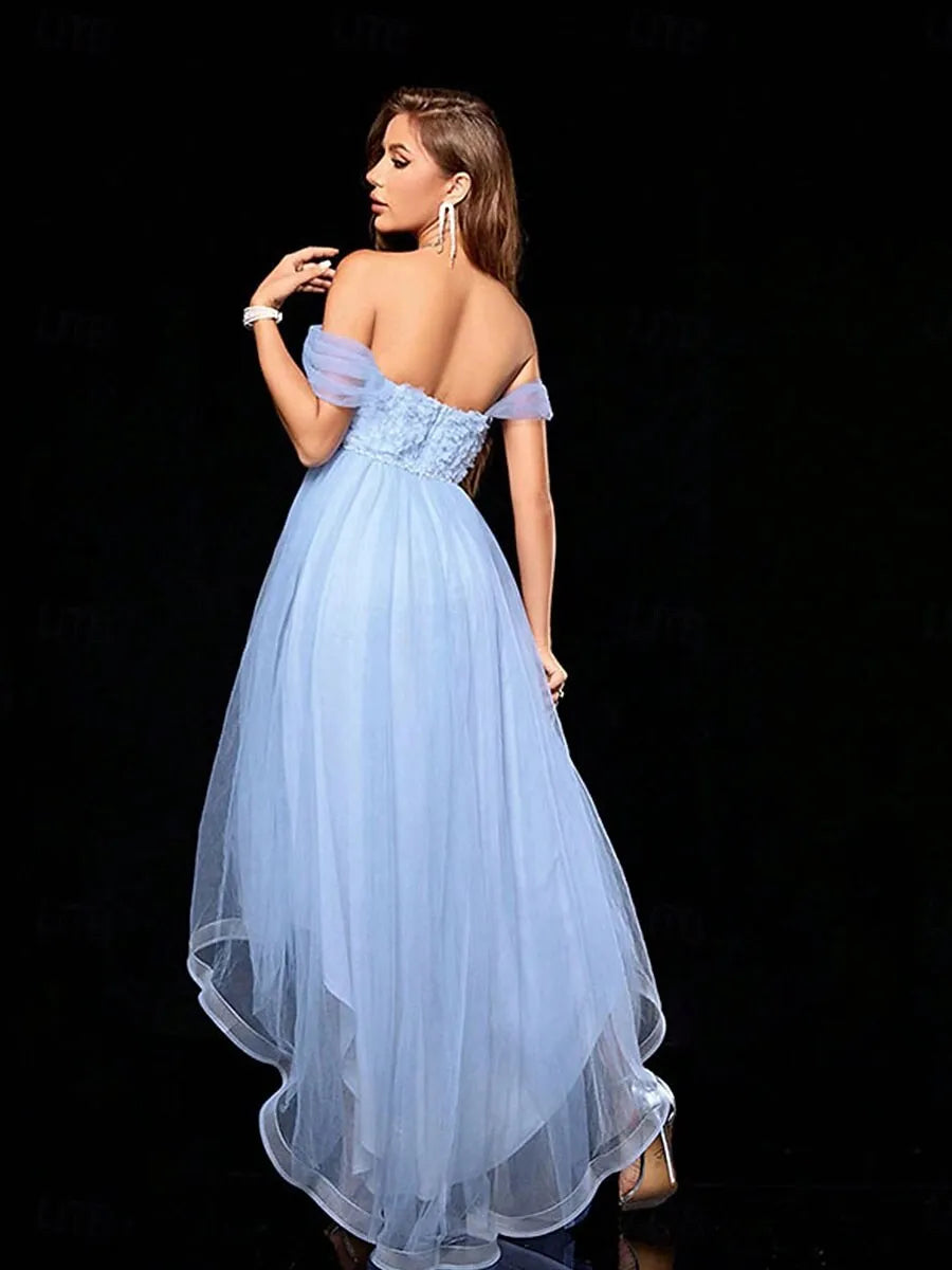 Romantic A-Line Off Shoulder Floral Beaded Sky Blue High Low Prom Dress For Sale