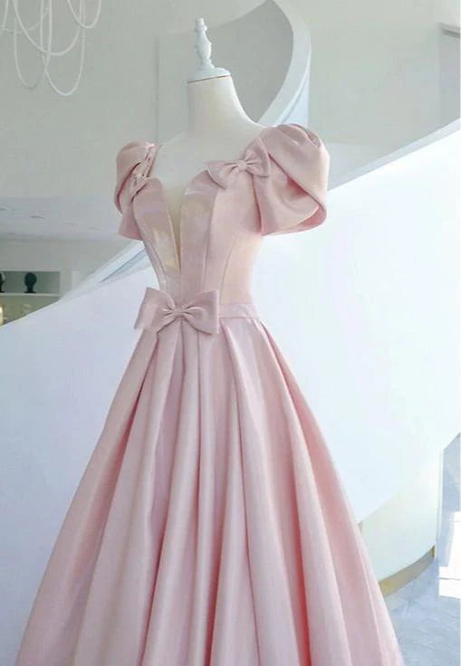 Romantic A-Line Sweetheart Short-Sleeve Bow Pink Satin Party Dresses
