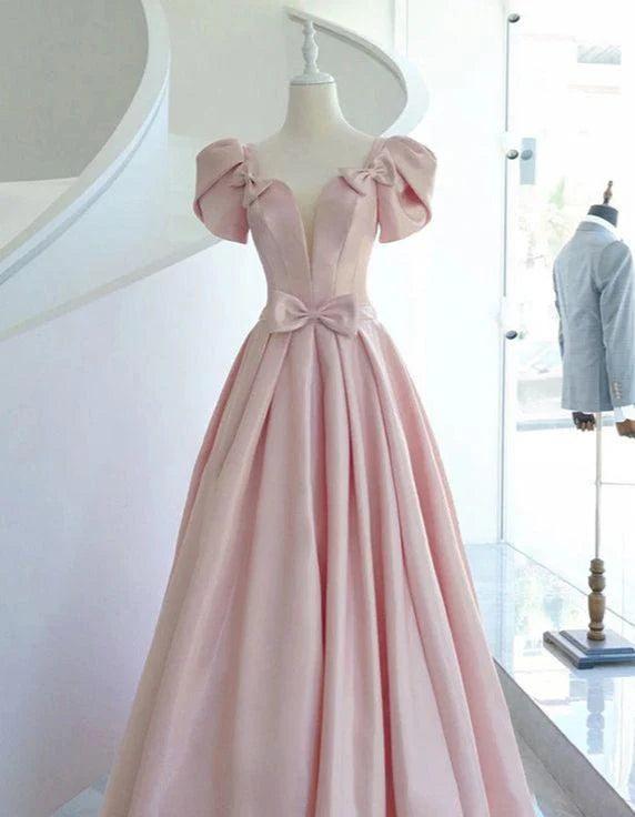 Romantic A-Line Sweetheart Short-Sleeve Bow Pink Satin Party Dresses
