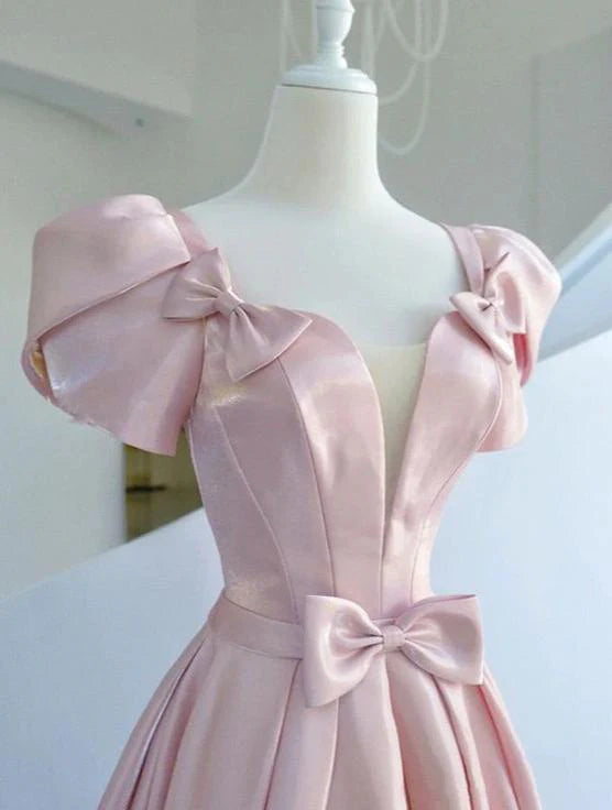 Romantic A-Line Sweetheart Short-Sleeve Bow Pink Satin Party Dresses