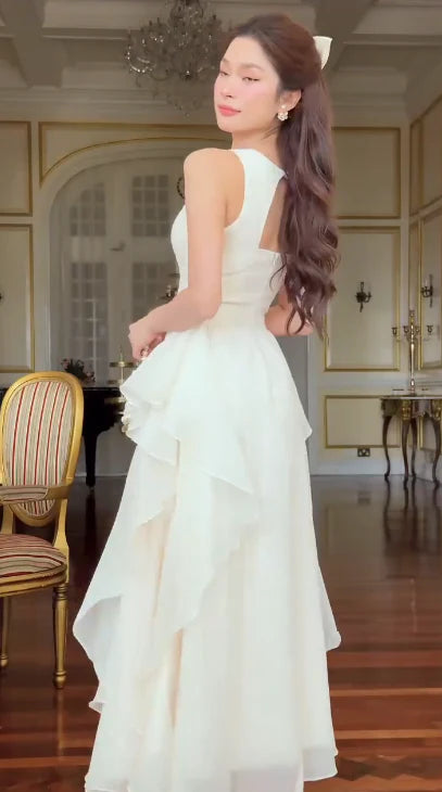 Romantic A-Line V-Neck Tiered-Ruffle White Chiffon Party Dresses