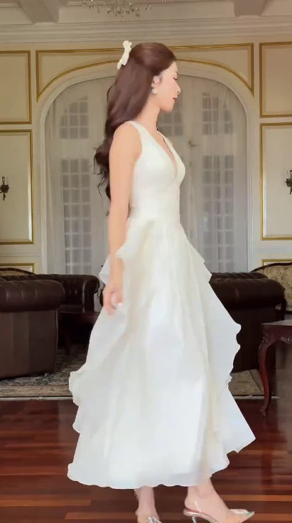 Romantic A-Line V-Neck Tiered-Ruffle White Chiffon Party Dresses