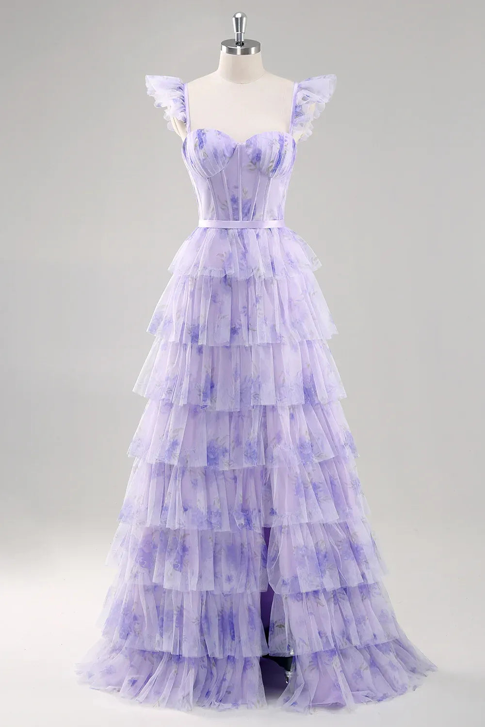 Romantic A Line Sweetheart Ruffle Floral Tulle Lavender Train Prom Dress With Slit