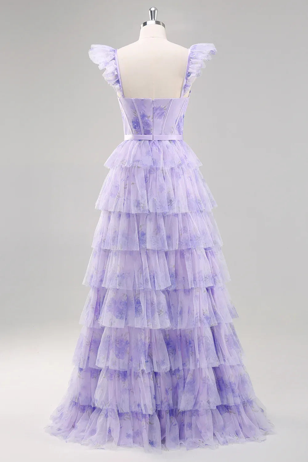 Romantic A Line Sweetheart Ruffle Floral Tulle Lavender Train Prom Dress With Slit