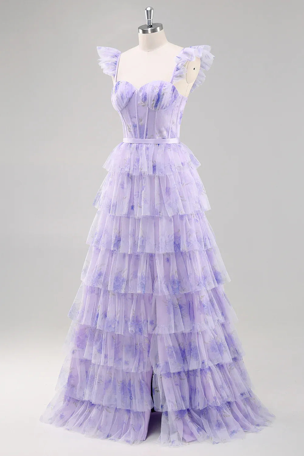 Romantic A Line Sweetheart Ruffle Floral Tulle Lavender Train Prom Dress With Slit