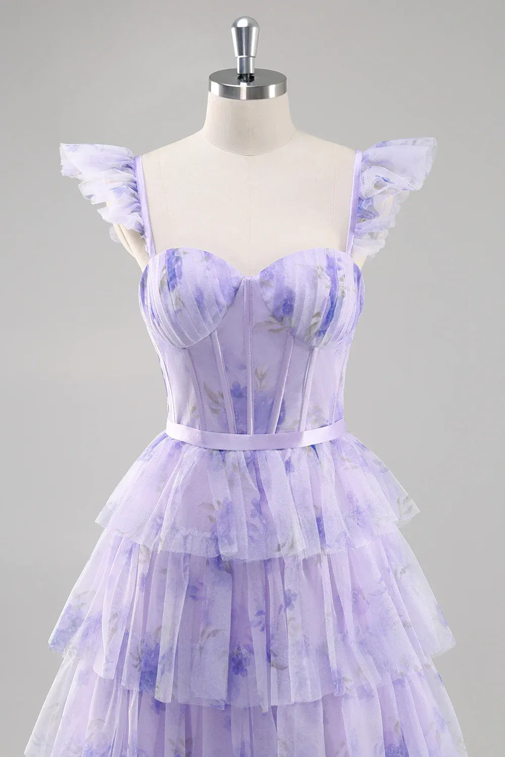 Romantic A Line Sweetheart Ruffle Floral Tulle Lavender Train Prom Dress With Slit