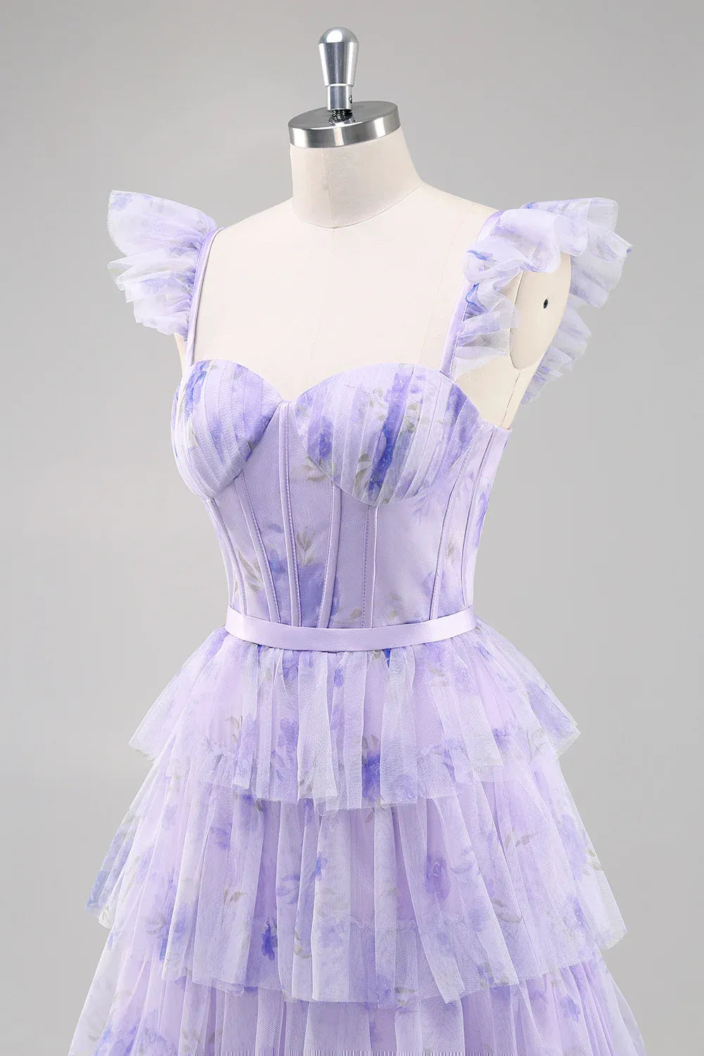 Romantic A Line Sweetheart Ruffle Floral Tulle Lavender Train Prom Dress With Slit