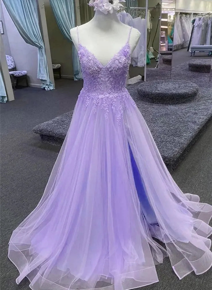 Romantic A Line V Neck Lace Applique Lavender Slit Prom Dress Ready To Ship
