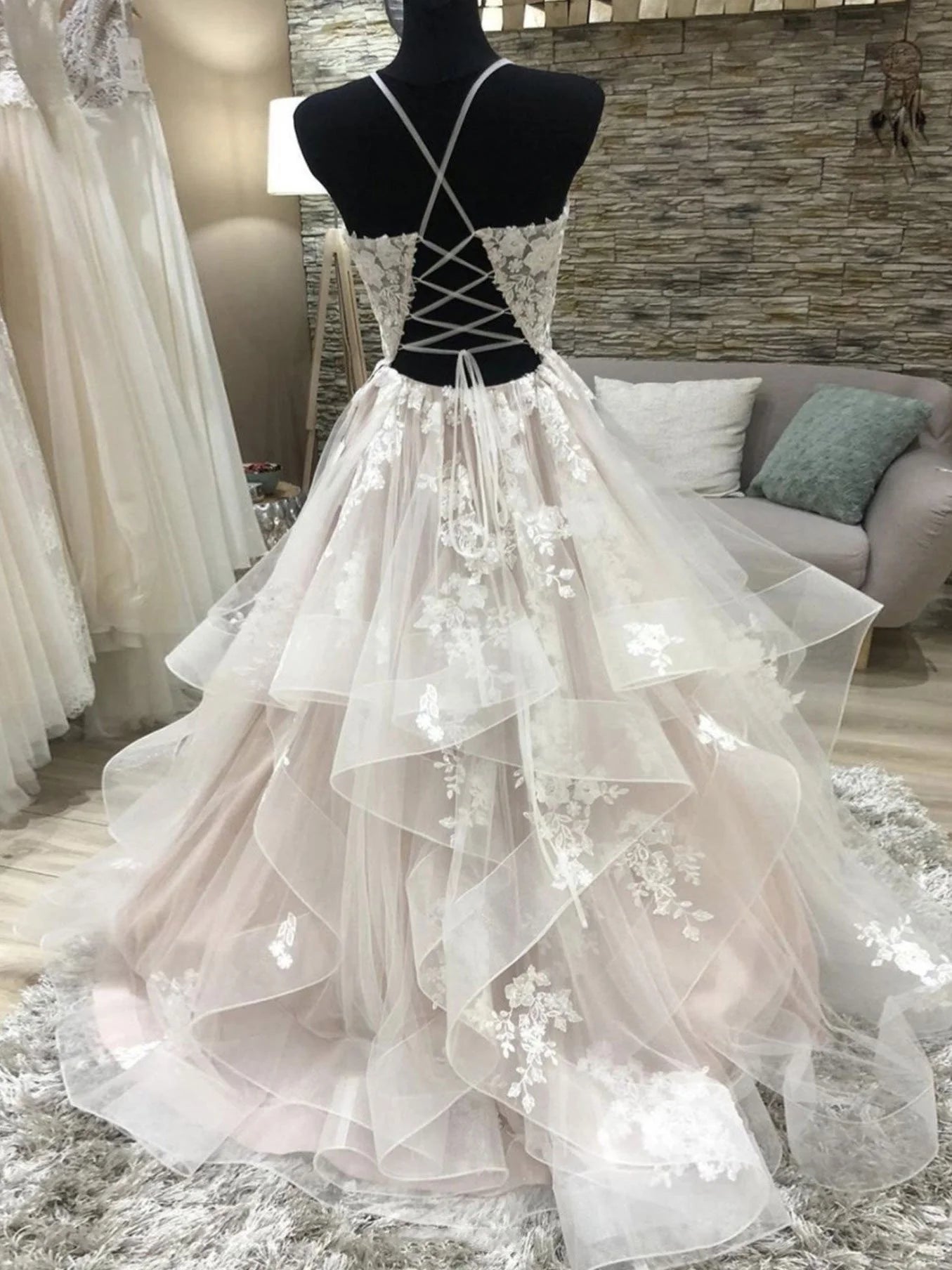 Romantic Halter Sleeveless Embroidered Blush Floor-Length Wedding Dress