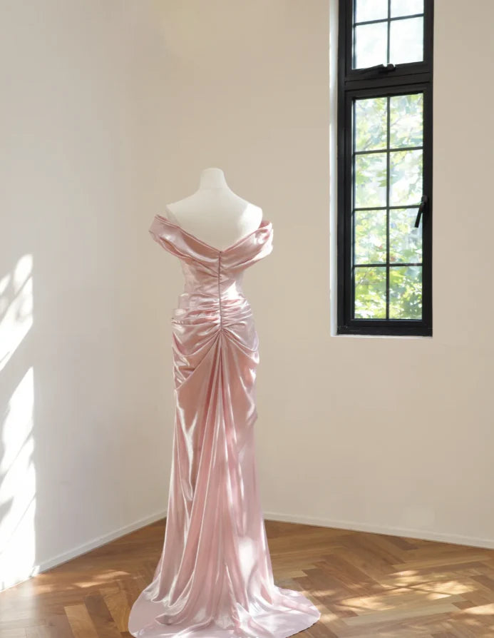 Romantic Mermaid Off-the-Shoulder Ruched Blush Pink Long Party Dresses