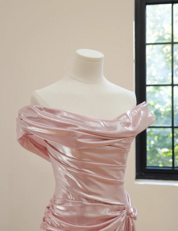 Romantic Mermaid Off-the-Shoulder Ruched Blush Pink Long Party Dresses