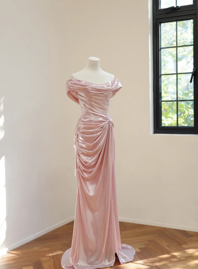 Romantic Mermaid Off-the-Shoulder Ruched Blush Pink Long Party Dresses