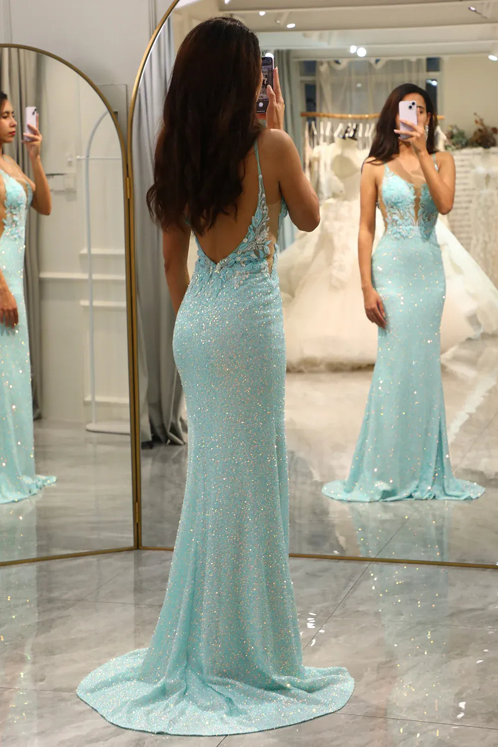 Romantic Mermaid Spaghetti Strap Lace Appliques Sequin Aqua Floor Length Prom Dress