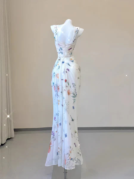 Romantic Mermaid Square-Neck Ruched Floral White Chiffon Long Party Dresses