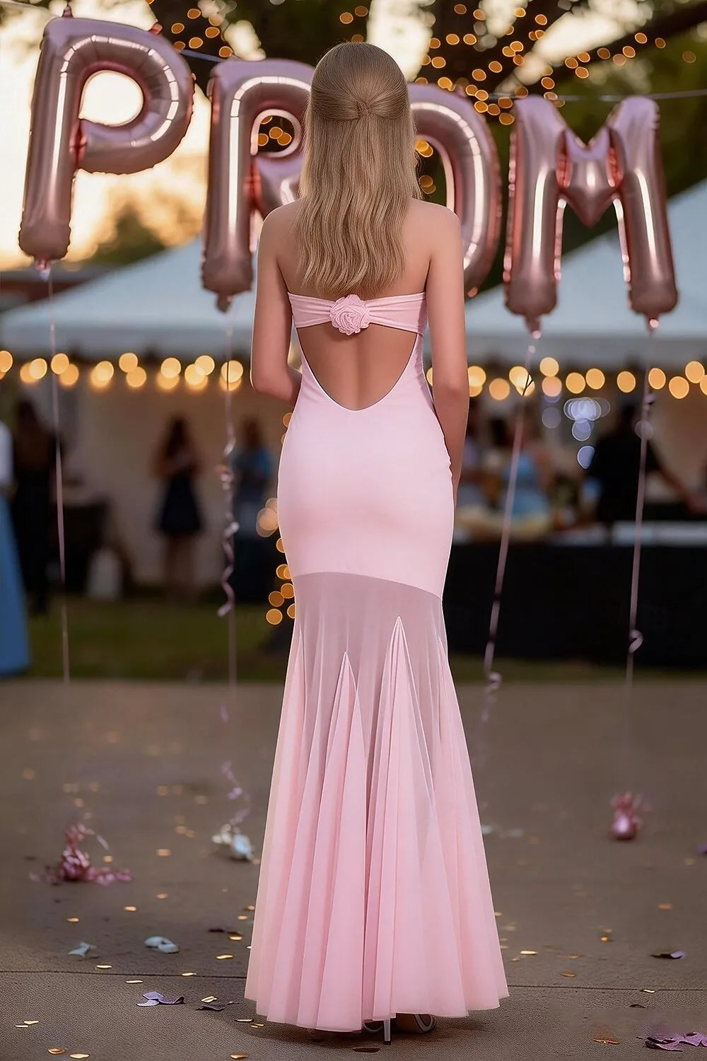 Romantic Mermaid Strapless Sheer Tulle Blush Floor Length Prom Dress