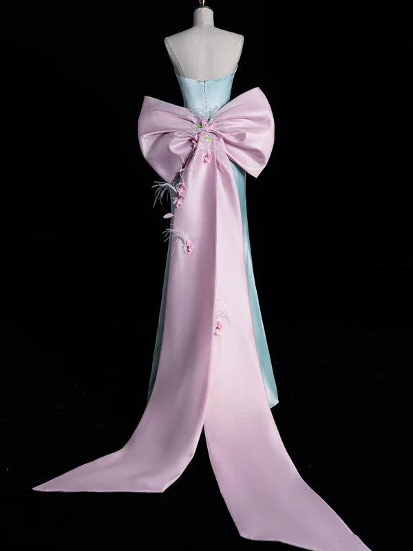 Romantic Mermaid Sweetheart-Neck Bow-Detailed Green Pink Satin Party Dresses