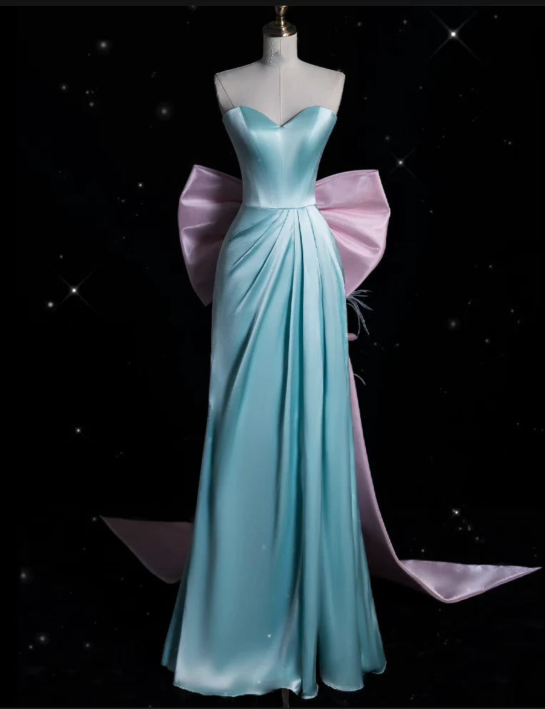 Romantic Mermaid Sweetheart-Neck Bow-Detailed Green Pink Satin Party Dresses
