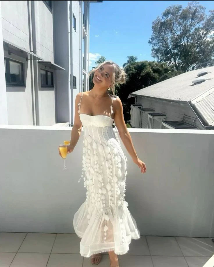 Romantic Mermaid Sweetheart Sleeveless Floral White Tulle Party Dresses