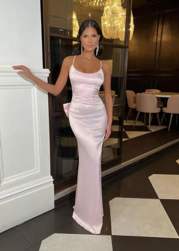 Romantic Mermaid V-Neck Sleeveless Bow-Back Blush Pink Long Party Dresses