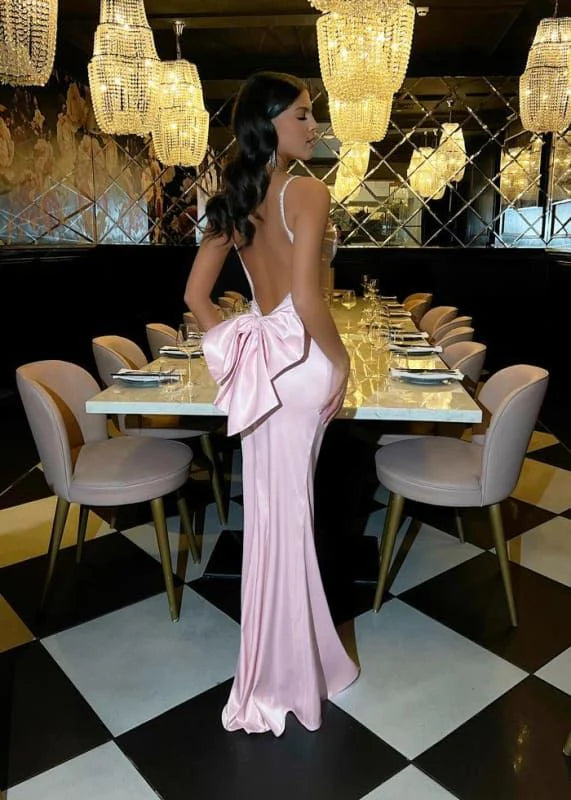 Romantic Mermaid V-Neck Sleeveless Bow-Back Blush Pink Long Party Dresses