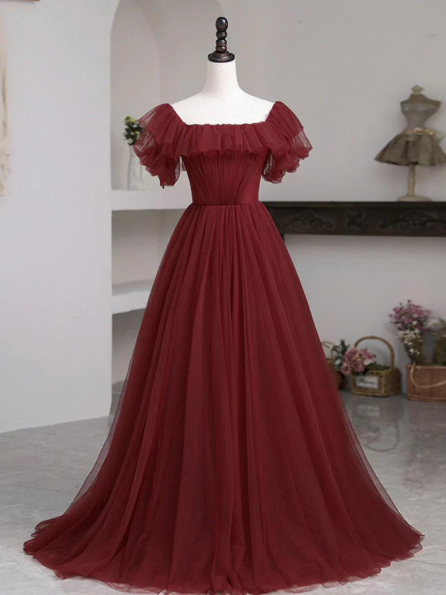 Romantic Off-the-Shoulder Ruffled Burgundy Floor-Length Party Dress