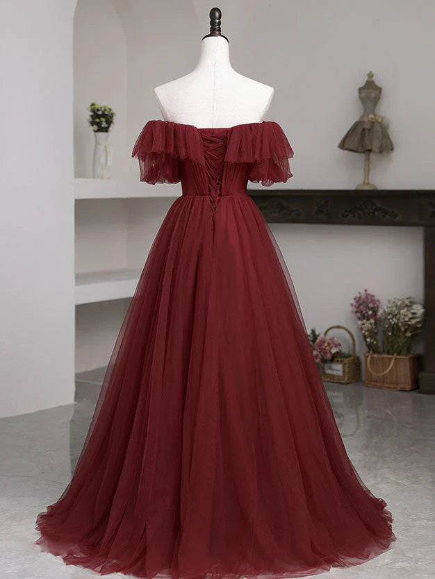 Romantic Off-the-Shoulder Ruffled Burgundy Floor-Length Party Dress