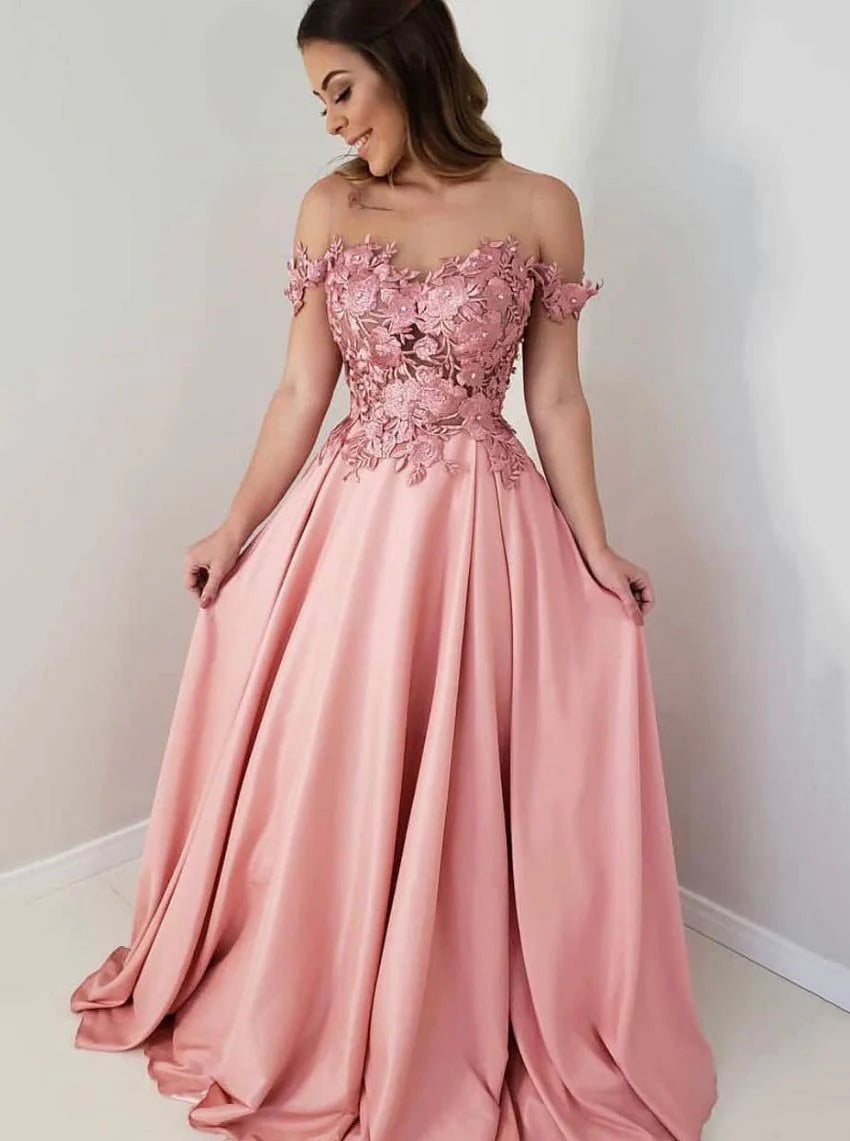Romantic Off-the-Shoulder Short Sleeve Lace Blush Floor-Length Party Dress