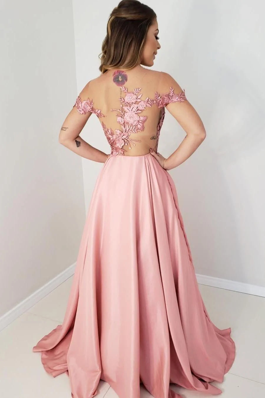 Romantic Off-the-Shoulder Short Sleeve Lace Blush Floor-Length Party Dress