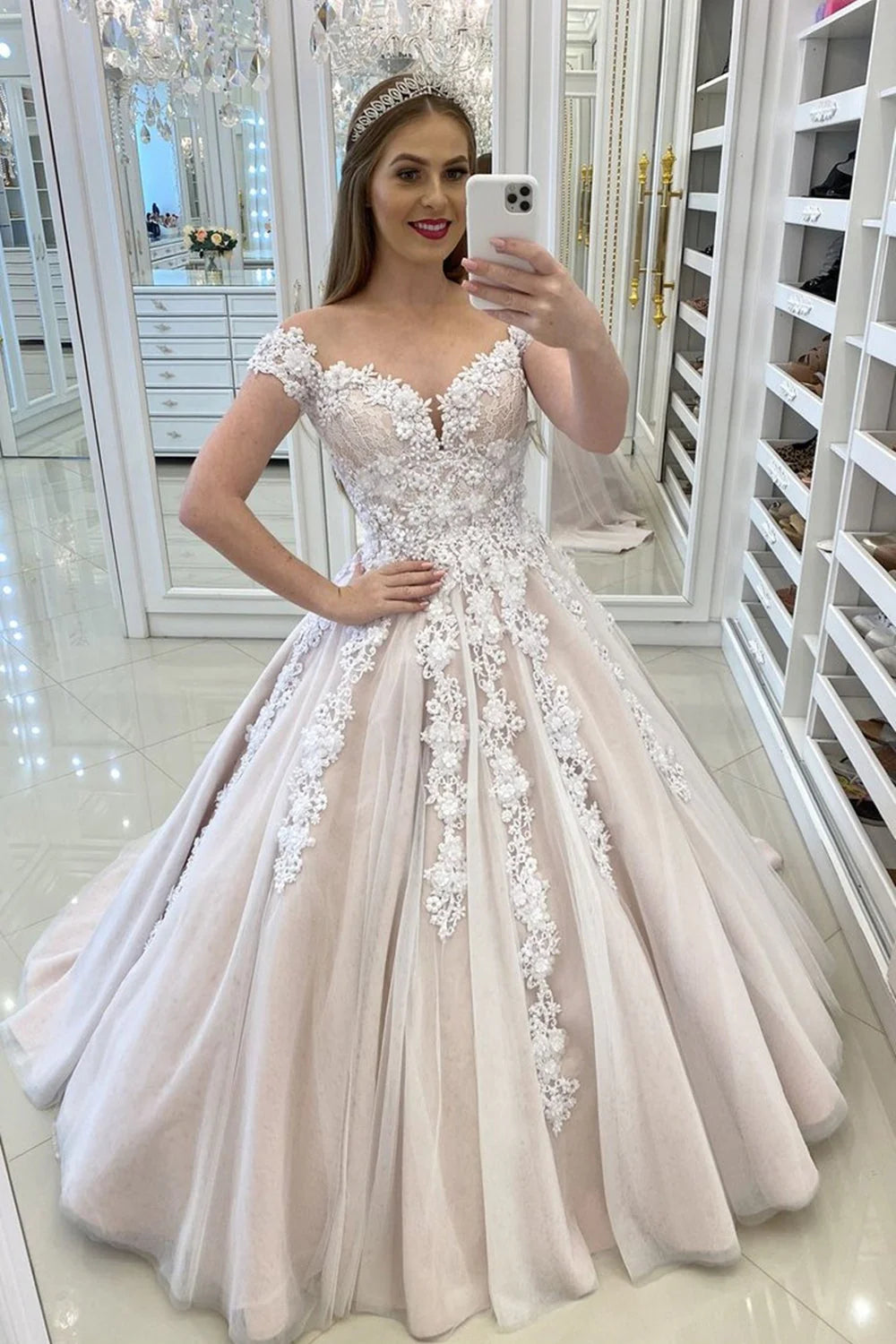 Romantic Off-the-Shoulder Short Sleeve Lace Champagne Floor-Length Party Dress