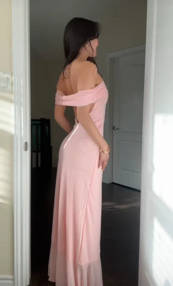 Romantic Sheath Off Shoulder Ruffle Slit Blush Floor Length Prom Dress For Women For Sale