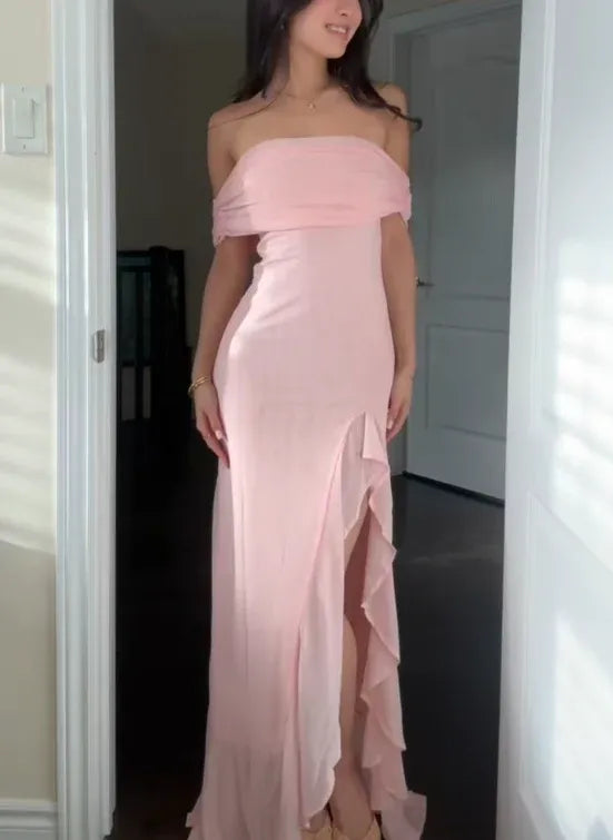 Romantic Sheath Off Shoulder Ruffle Slit Blush Floor Length Prom Dress For Women For Sale