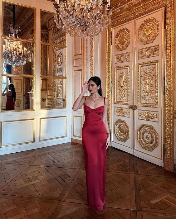 Romantic Simple  Spaghetti Strap Sleeveless Satin Red Party Dresses