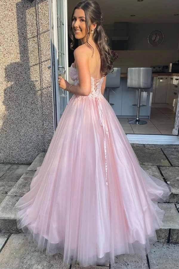 Romantic Strapless Lace-Up Pink Floor-Length Party Dress