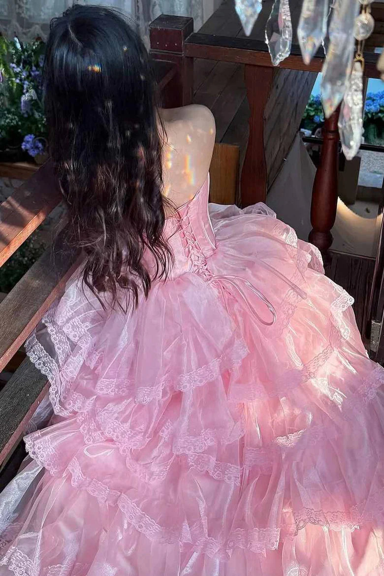 Romantic Strapless Ruffled Pink Floor-Length Party Dress