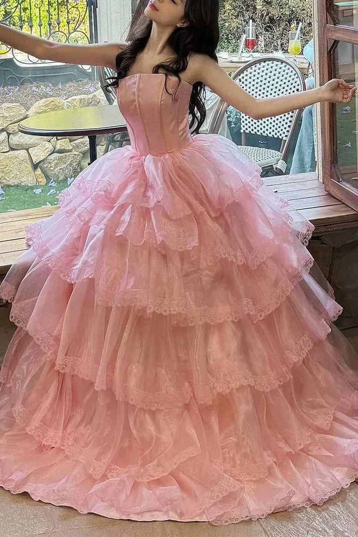 Romantic Strapless Ruffled Pink Floor-Length Party Dress