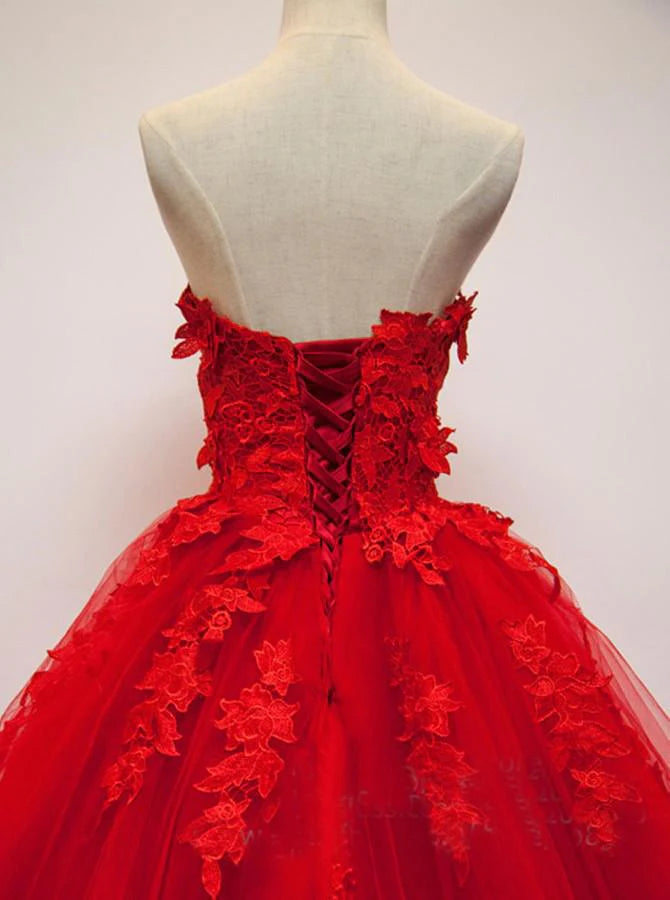 Romantic Strapless Sleeveless Floral Red Court-Train Party Dress