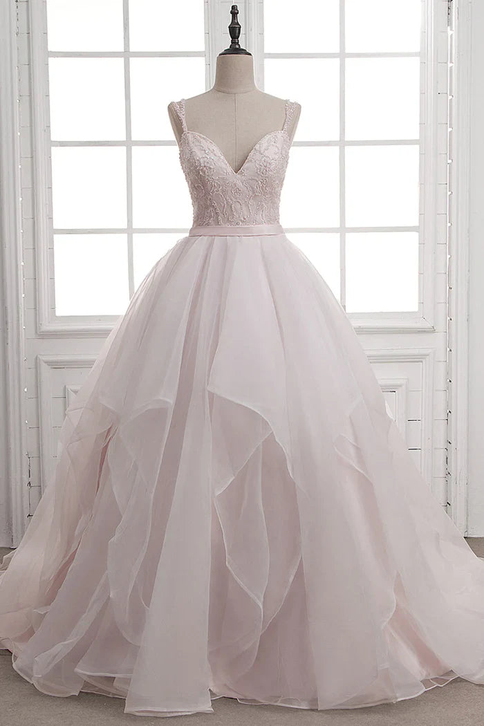 Romantic Sweetheart-Neck Beaded Blush Pink Long Wedding Dresses
