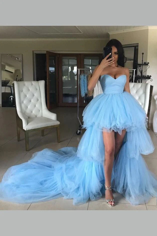 Romantic Sweetheart Neckline Tulle Sky Blue High-Low Party Dress