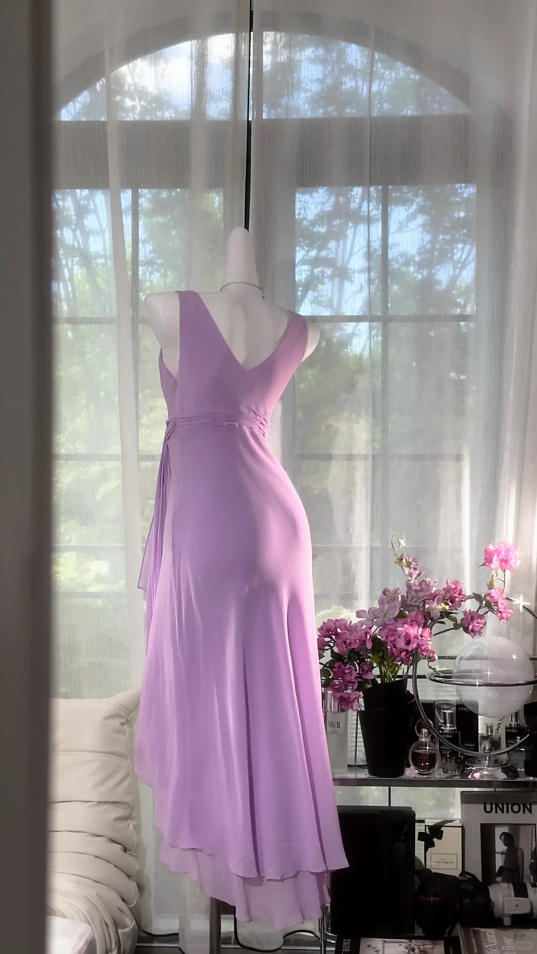 Romantic Wrap V-Neck Sleeveless Ruffled Lavender Chiffon Midi Party Dresses